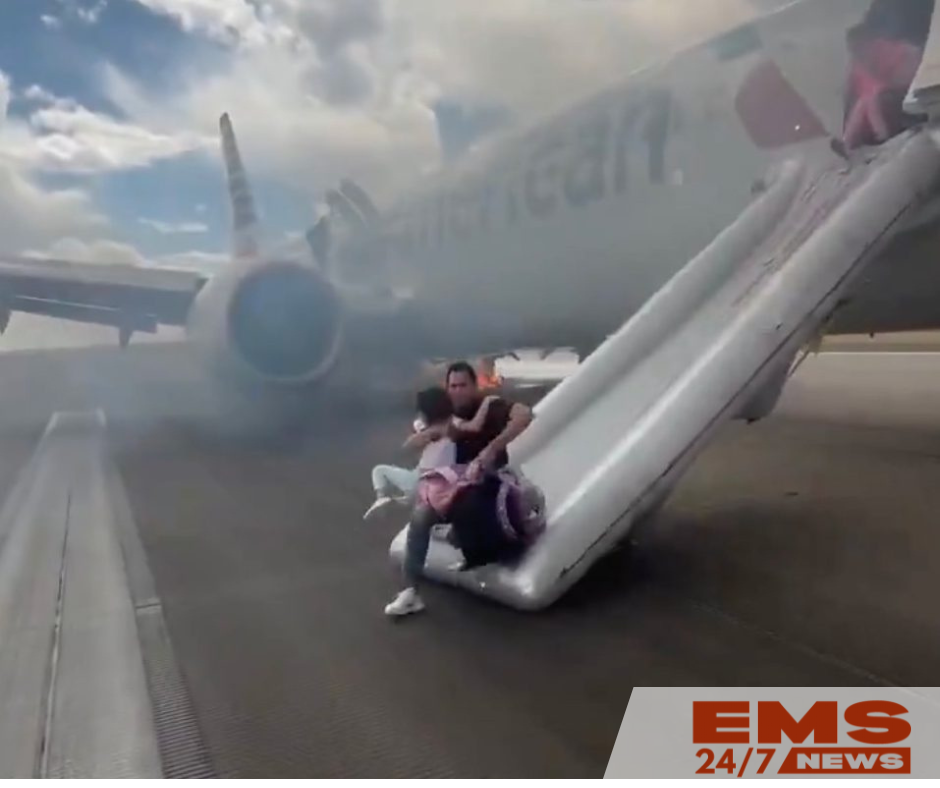 Passengers on an American Airlines flight exited through an emergency sliding door